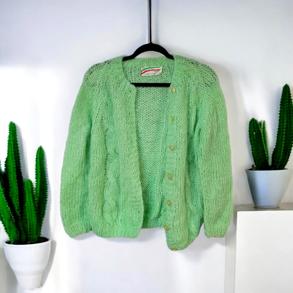 Vintage Mohair Knitwear Cozy Casual Chic style Spearmint Button up Knit cardigan - Picture 1 of 10